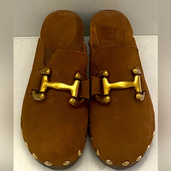 Boden Brown Suede Mules with Gold Accents - Picture 2 of 12